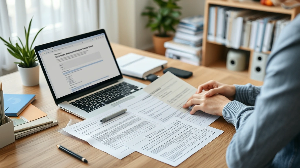 Person reviewing official immigration documents and forms at home office desk with laptop and organized files