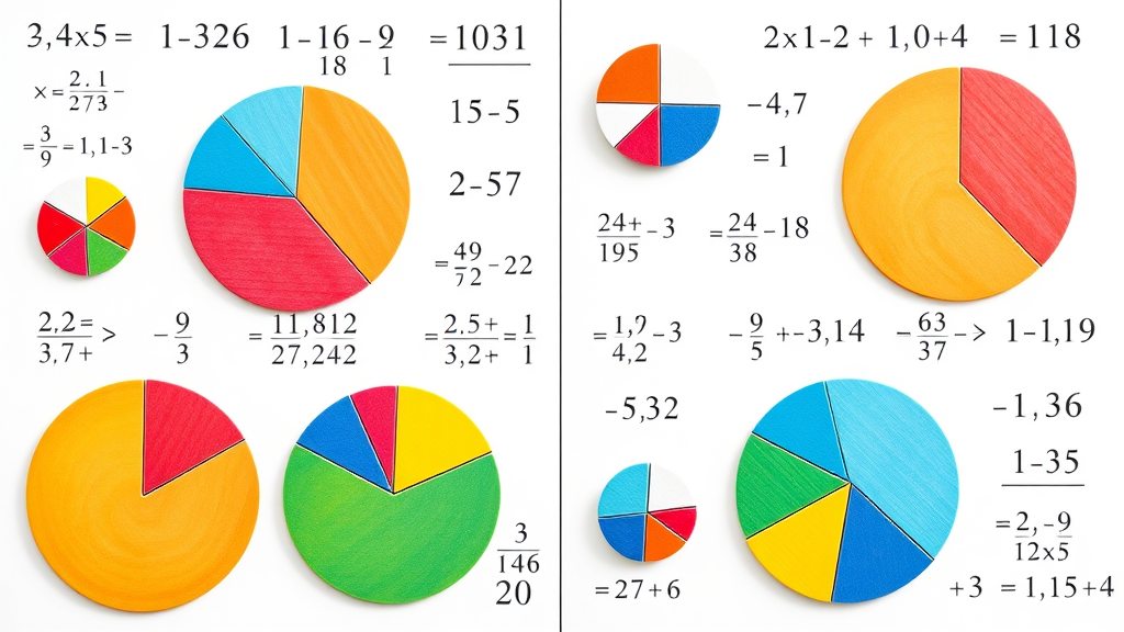 Mathematical fraction multiplication visualization with colorful pie charts and numerical equations, no text no words no letters