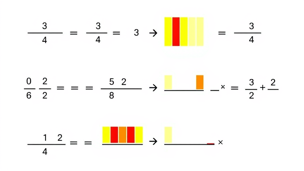 Step by step fraction multiplication process showing mathematical operations with visual fraction bars, no text no words no letters
