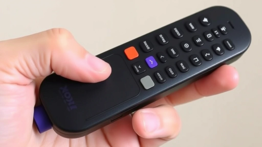 Close-up of a Roku enhanced remote showing the pairing button location on the back near battery compartment, held in hand against neutral background
