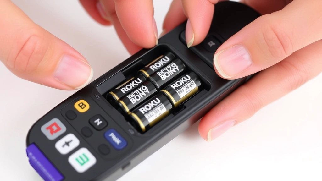 Hands inserting fresh batteries into a Roku remote with battery compartment open, showing correct polarity alignment on white surface