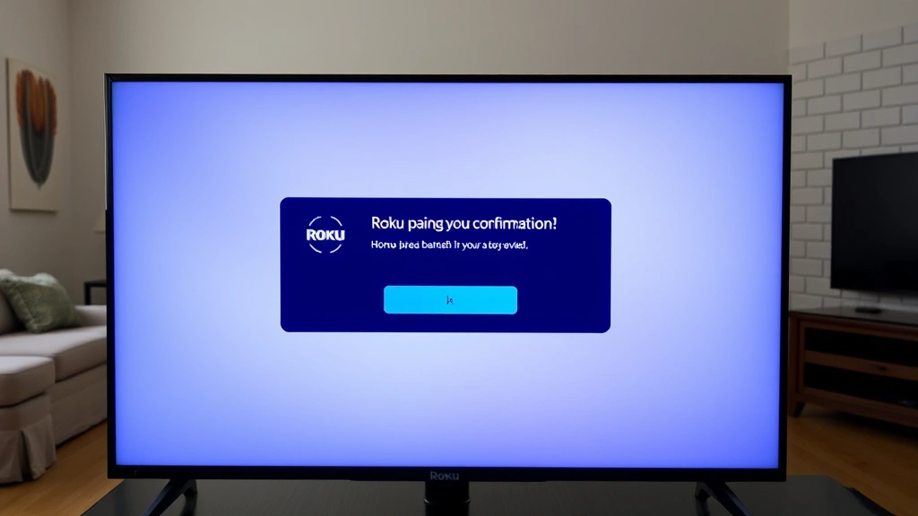 Television screen displaying Roku pairing confirmation message with living room setting in background, couch and entertainment setup visible