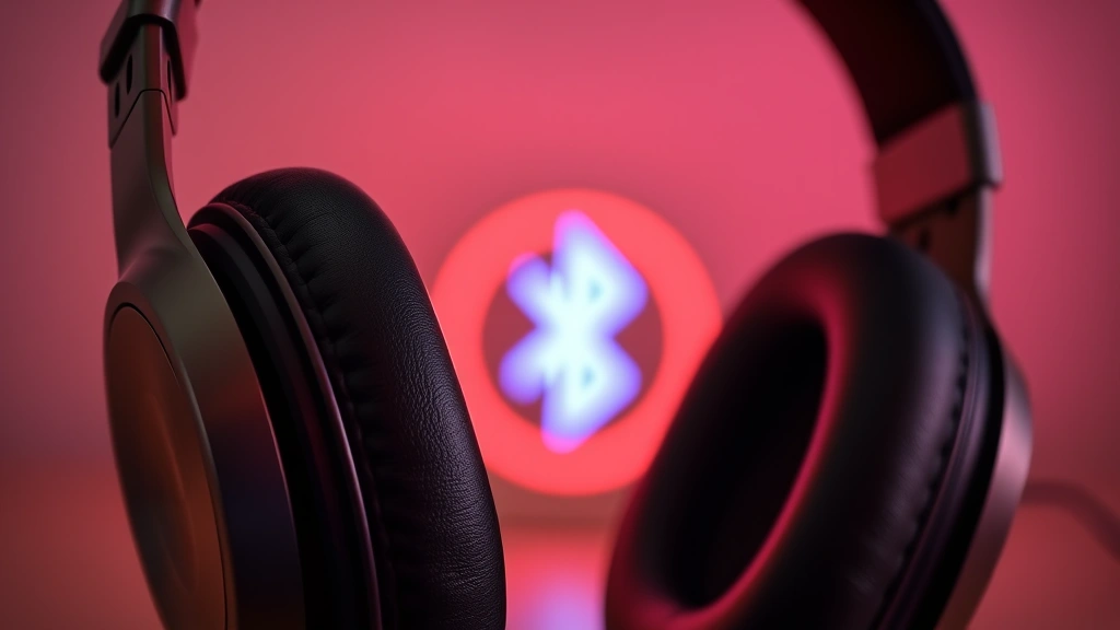 Close-up of premium wireless headphones with modern design showing Bluetooth connectivity symbol glowing softly in the background