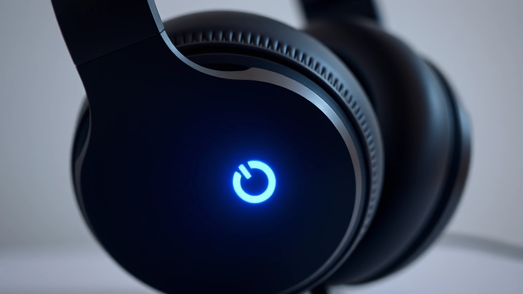 Close-up of luxury wireless Beats headphones showing power button and LED indicator light glowing, professional product photography style, minimalist background