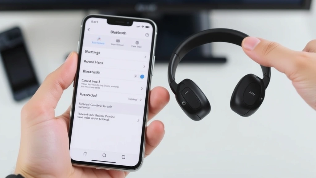 Hands holding black wireless headphones next to a smartphone displaying Bluetooth settings menu and connected device confirmation
