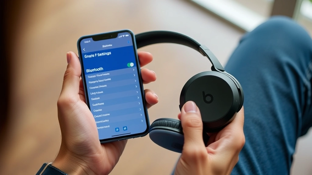 Hands holding Beats headphones positioned near a smartphone screen displaying Bluetooth settings menu, demonstrating the pairing process, modern lifestyle photography