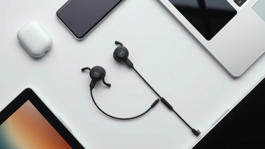 Minimalist flat lay of wireless headphones, USB-C charging cable, and multiple devices including tablet and laptop arranged neatly