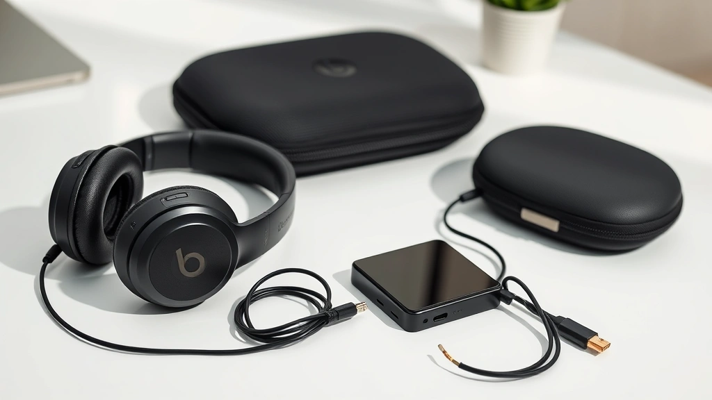 Flatlay composition of Beats headphones with charging cable, carrying case, and device charging on a clean desk surface, premium lifestyle aesthetic, natural lighting
