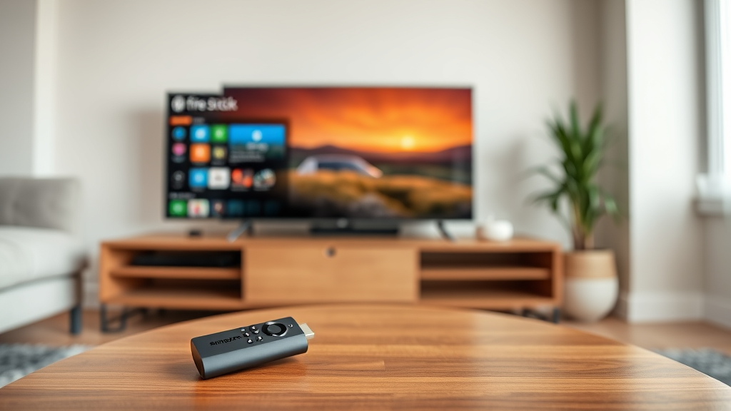 Amazon Fire TV Stick remote control on coffee table next to television, modern living room setup, no text no words no letters