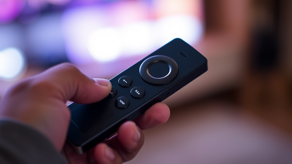 Hands holding Firestick remote with glowing LED light, pairing mode activation, close-up detail shot, no text no words no letters