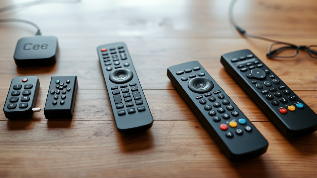 Multiple streaming device remotes arranged on wooden surface, comparison view, modern technology setup, no text no words no letters