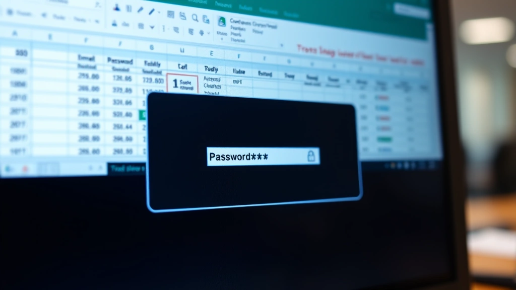 Close-up of a computer screen displaying Excel spreadsheet with a password dialog box overlay, padlock icon visible, professional office setting with blurred background