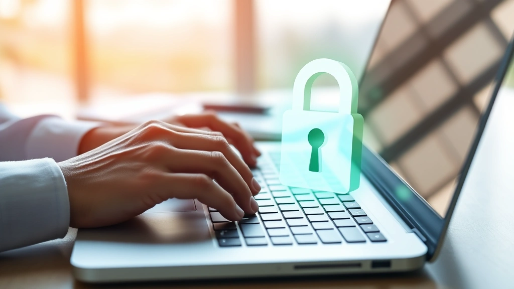 Hands typing on laptop keyboard with security lock icon overlay, Excel spreadsheet visible on screen, professional workspace environment