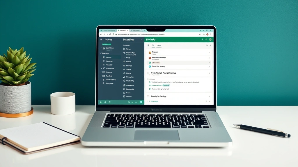 Flat lay of a desk with laptop showing Excel File Info menu, security settings highlighted, notebook and pen nearby, modern minimalist workspace