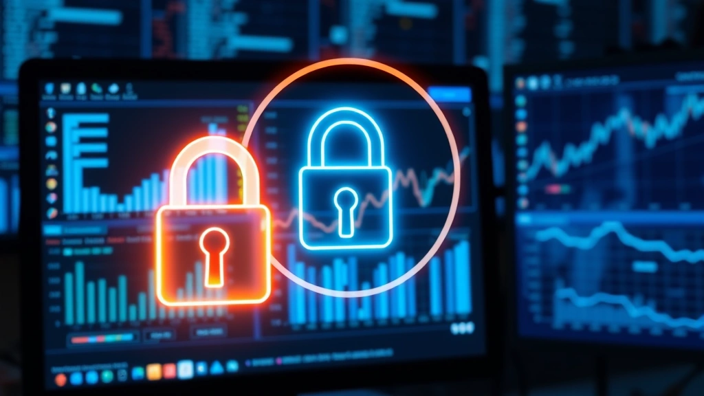 Digital security concept with glowing padlock symbol over computer monitor displaying data charts and graphs, technology background with blue tones