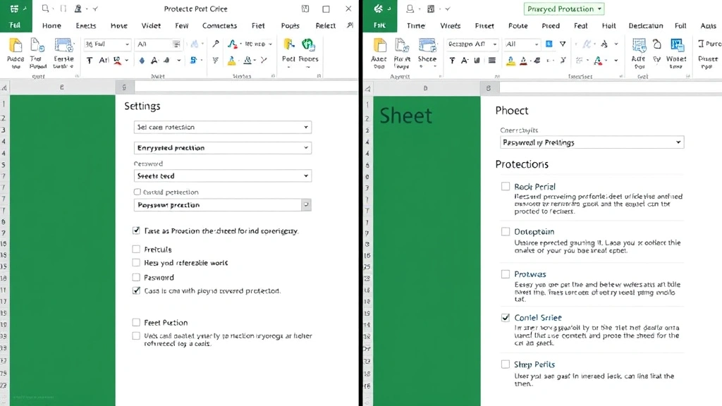 Split-screen comparison showing password protection options in Excel interface, left side showing encryption settings, right side showing sheet protection options
