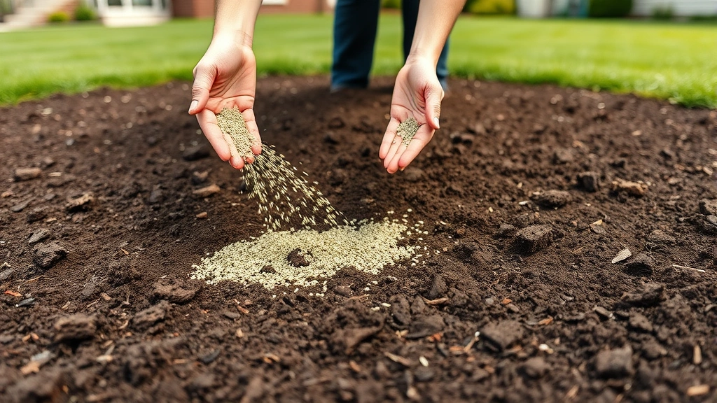 Hands spreading grass seed across prepared, dark brown soil in a residential yard, showing even distribution technique and bare ground ready for seeding