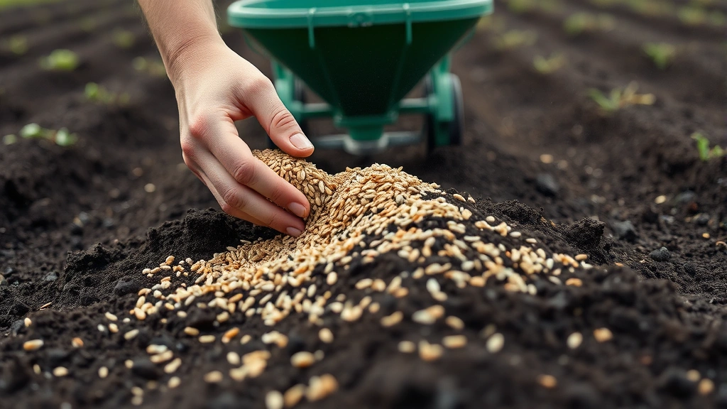 Close-up of hands spreading grass seed evenly across freshly prepared dark soil with a broadcast spreader in background