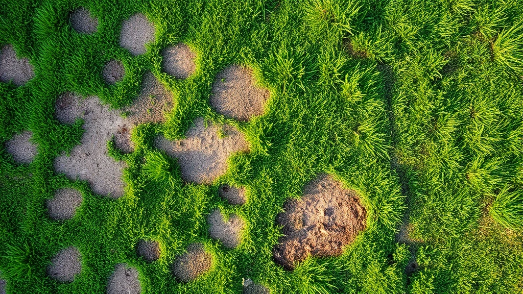 Bird's eye view of a lawn showing patchy bare spots and healthy green grass sections, morning light