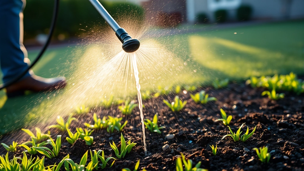 Person watering newly seeded lawn area with gentle spray, water droplets visible on soil, early morning setting