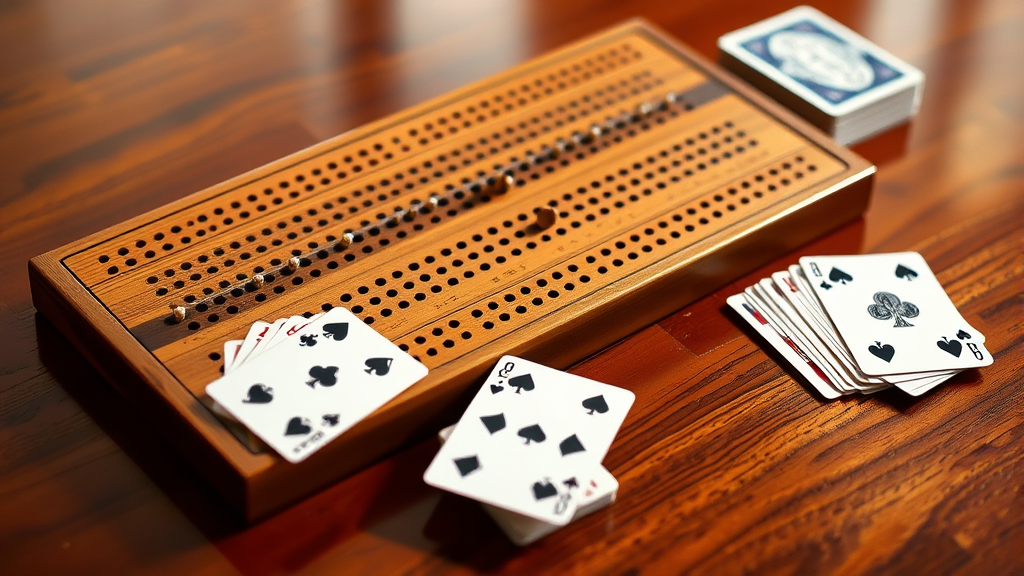 Wooden cribbage board with pegs and playing cards arranged on polished table surface, warm lighting, classic game setup, no text no words no letters