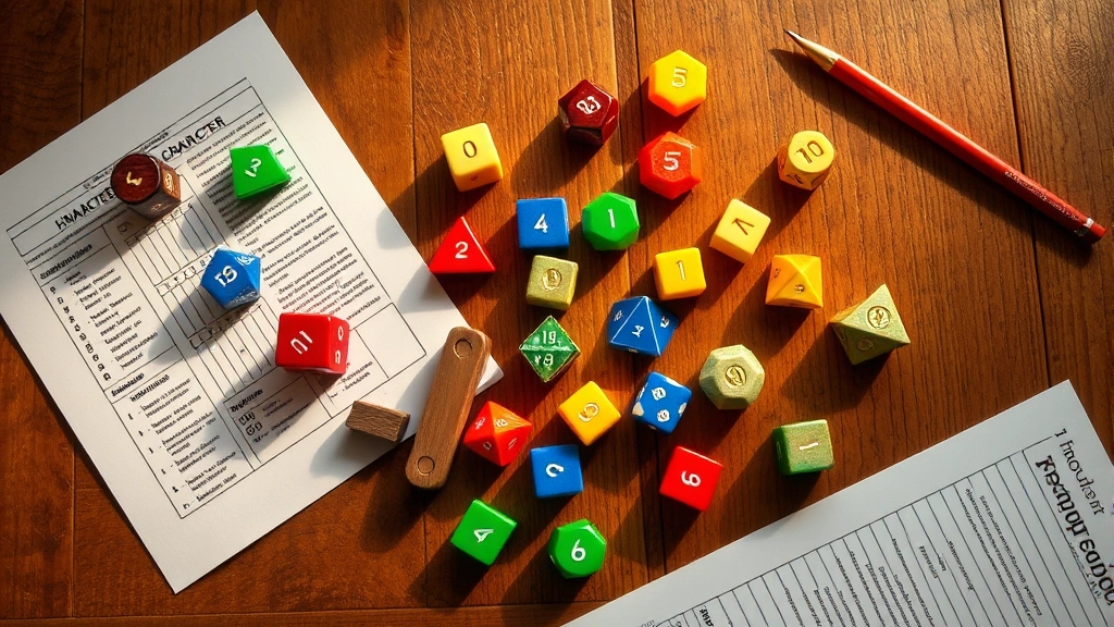 Overhead view of polyhedral dice set in vibrant colors scattered across wooden table with character sheet and pencil nearby, warm natural lighting