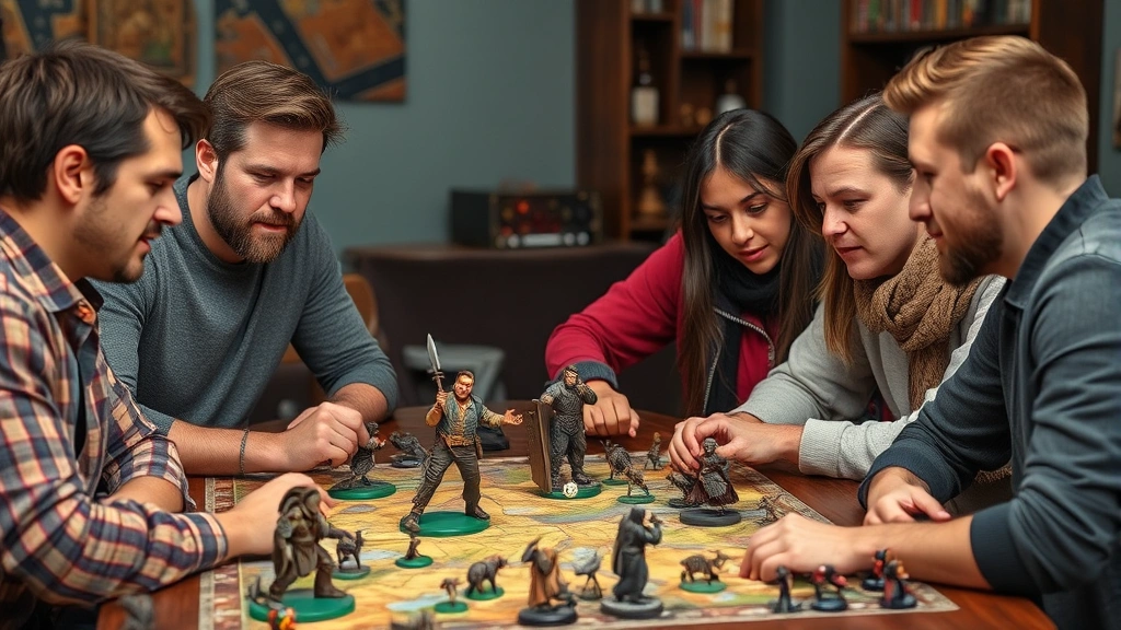 Diverse group of four people sitting around table with miniature figures, dice, and fantasy map, focused expressions during gameplay session