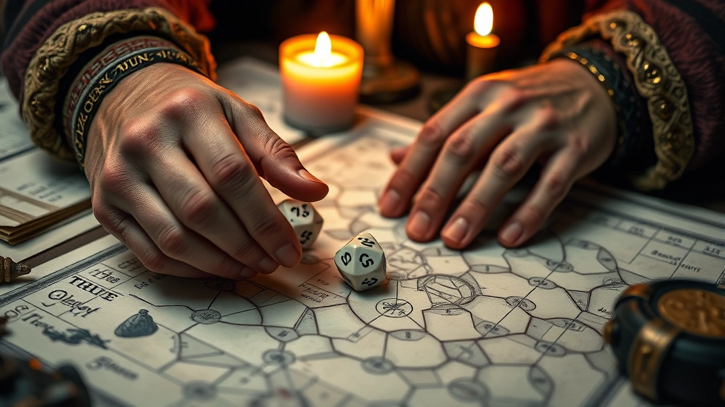 Close-up of dungeon master's hands rolling d20 die over campaign notes and battle grid, candlelit ambiance creating atmospheric game environment