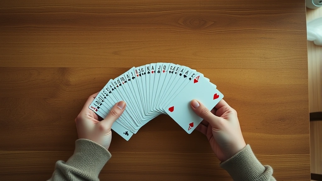 Overhead view of hands arranging playing cards in a fan formation on a wooden table, soft natural lighting, casual home setting with warm tones