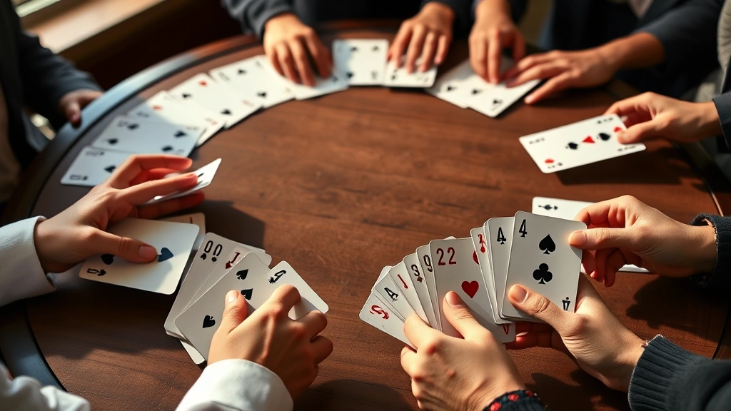 Close-up of hands holding fanned playing cards around a circular table, cards arranged in various positions, warm natural lighting, focused on card arrangements and hand positions