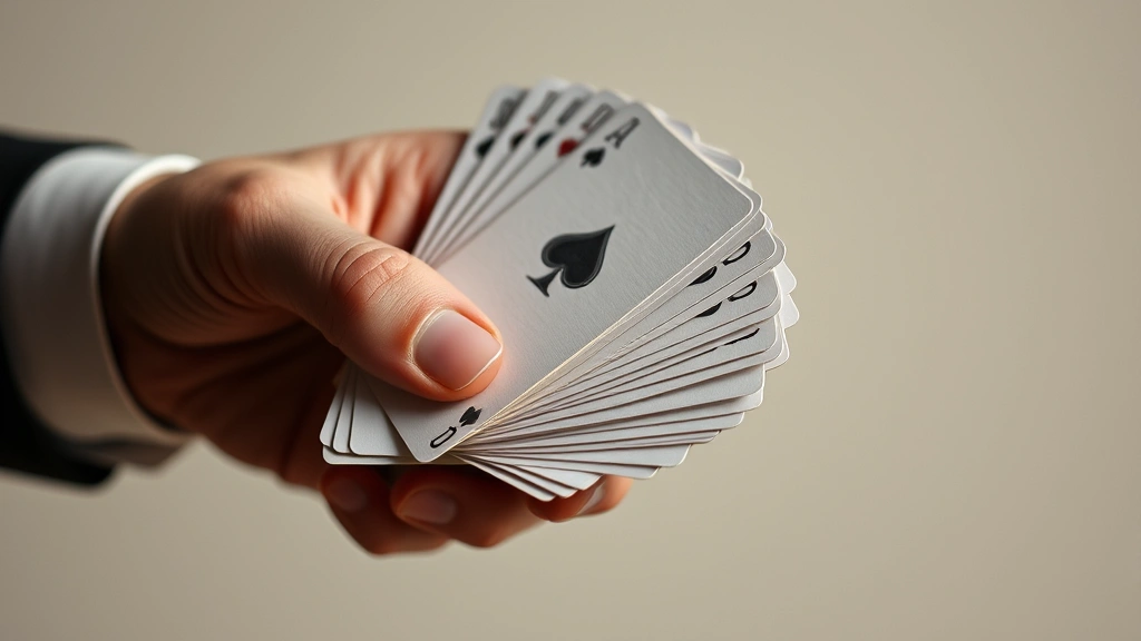 Close-up of a player's hand holding fanned-out playing cards with one card slightly protruding, neutral background, showing card game tension moment