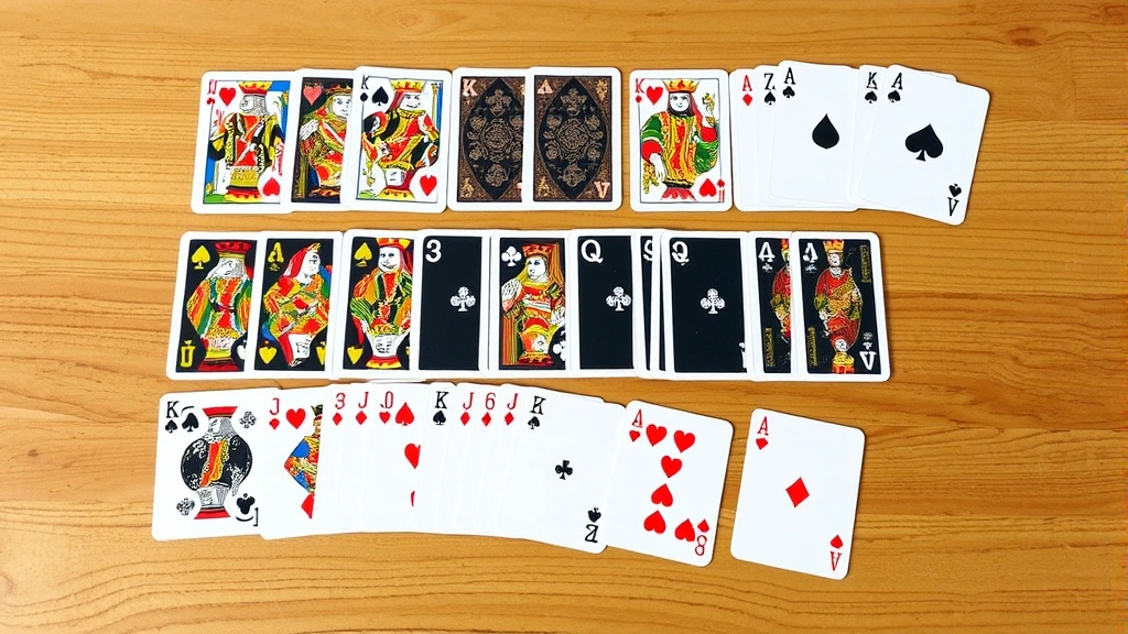 Colorful collection of matched card pairs laid out on wooden table surface, Kings, Queens, Aces visible, organized rows showing pairs, soft overhead lighting, wooden texture