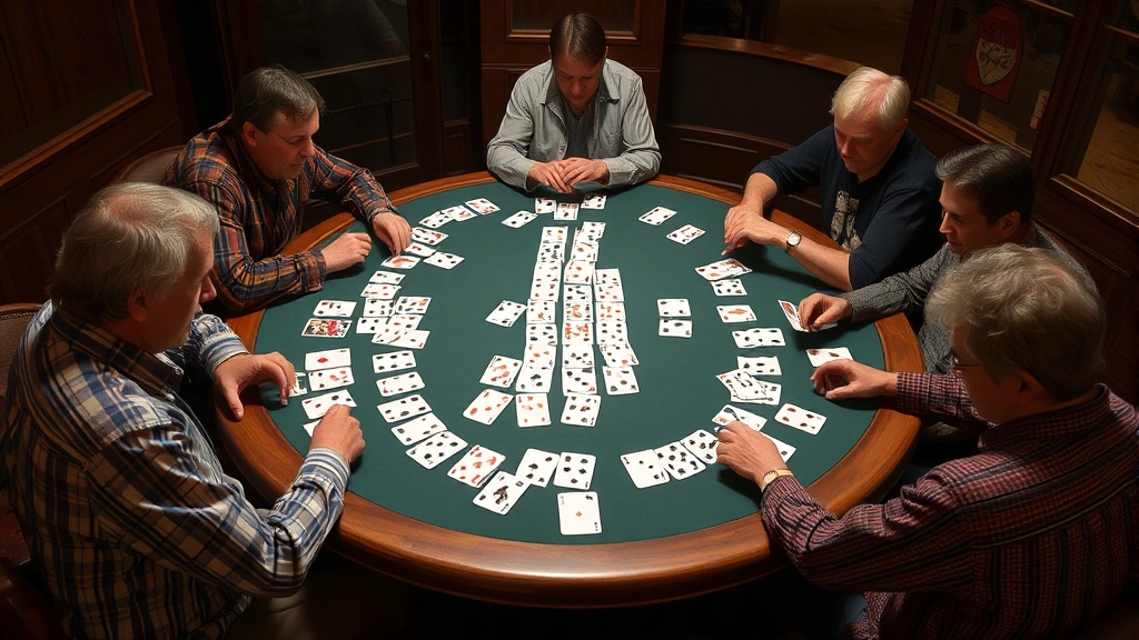 Multiple players around a table with discarded card pairs arranged in front of them, showing mid-game state with cards face-down and players concentrating