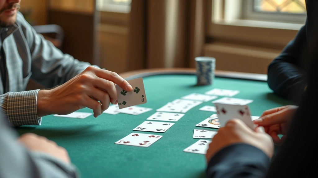 Player drawing card from opponent's hand during active game play, hands visible selecting from fanned cards, concentrated expressions, table with eliminated pairs visible, natural indoor lighting