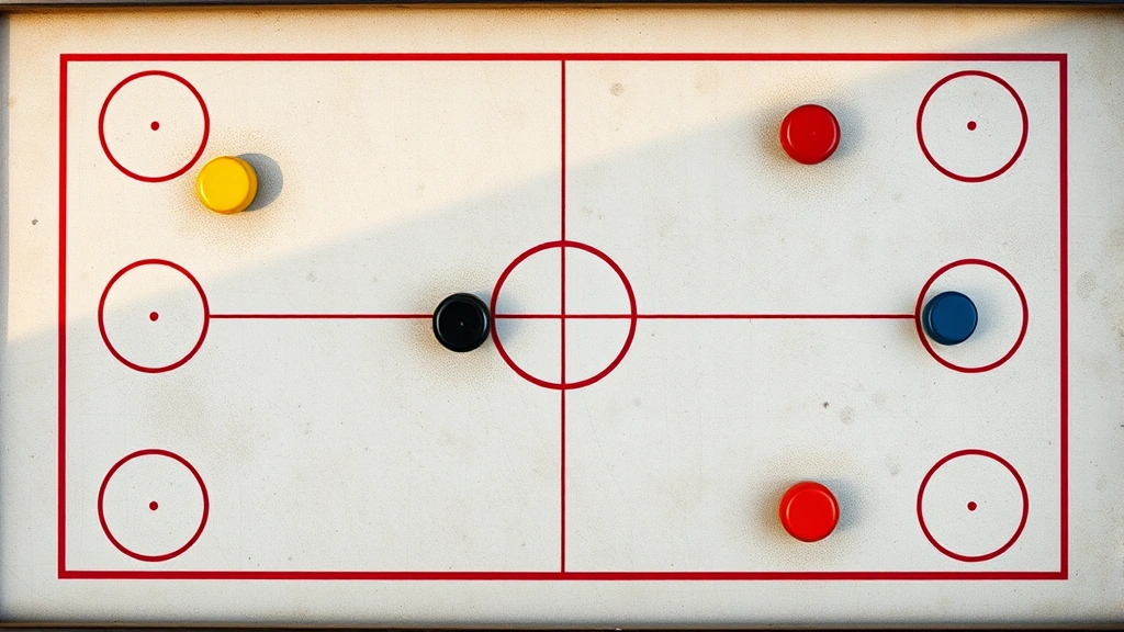 Overhead view of a shuffleboard court with colored pucks positioned in scoring zones, showing the triangular scoring layout and powder residue on the surface