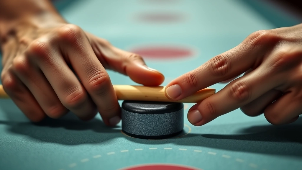 Close-up of a player's hands gripping a shuffleboard cue, demonstrating proper grip technique with the cue positioned behind a puck ready to push