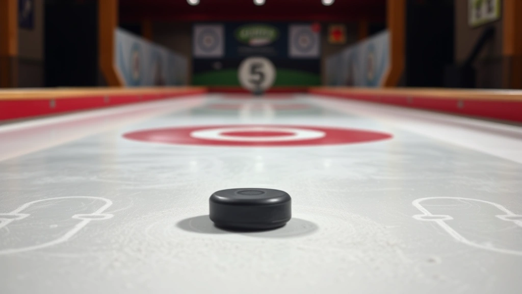 Action shot of a puck in motion sliding down a shuffleboard court toward the scoring zones, showing smooth glide and powder trail