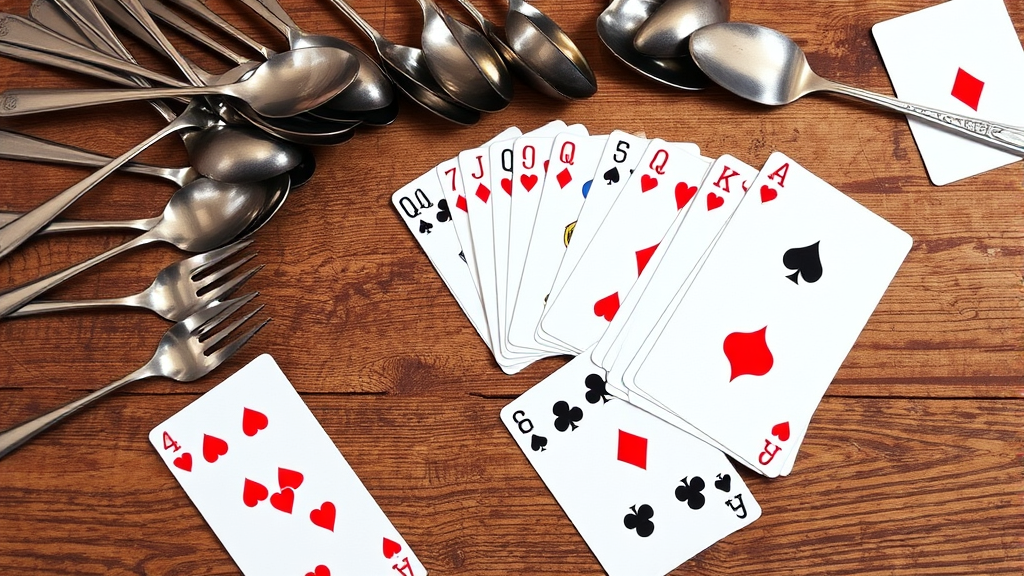 Colorful playing cards scattered around metal kitchen spoons on wooden table, no text no words no letters