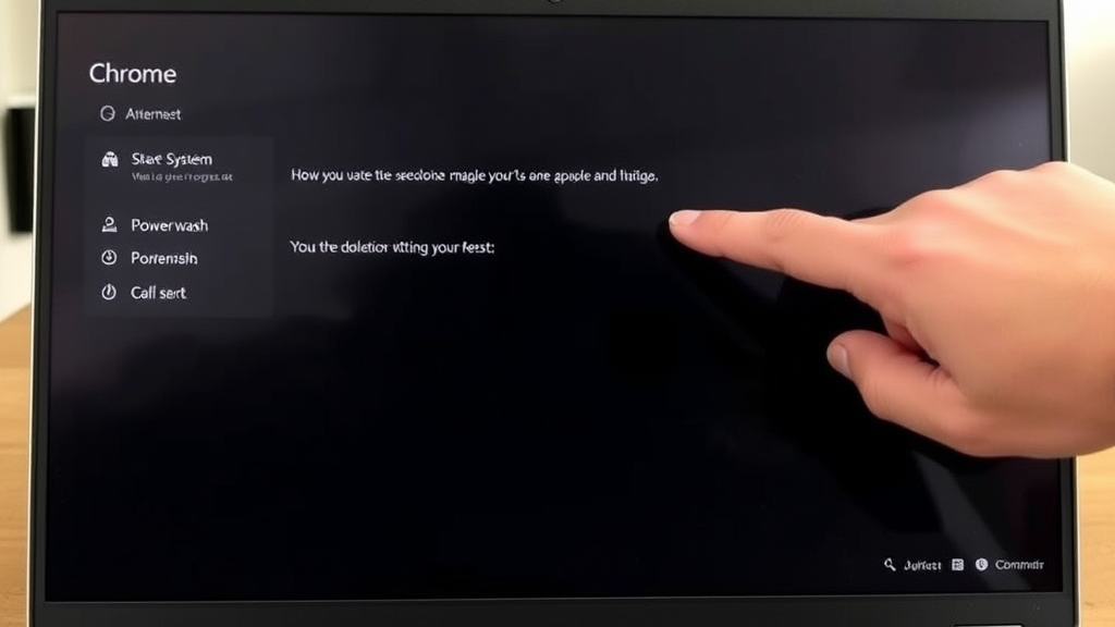 Chromebook screen showing system settings reset options with finger pointing at powerwash button no text no words no letters
