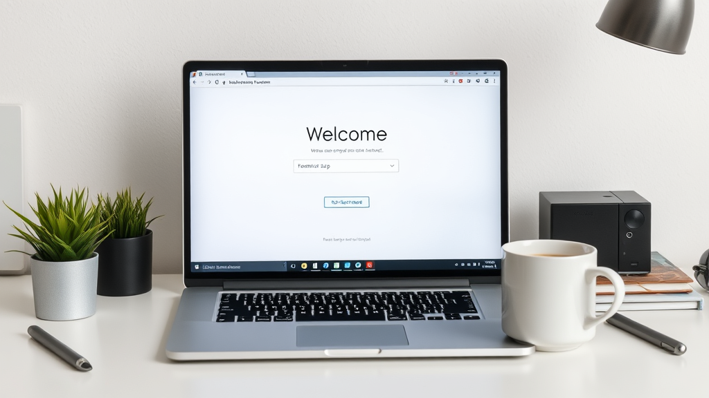 Clean organized workspace with refreshed Chromebook displaying welcome setup screen and coffee cup no text no words no letters
