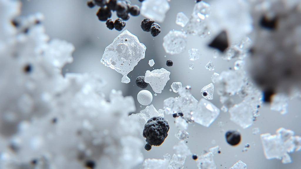 Microscopic view of silica particles and volcanic ash particles under magnification, scientific laboratory setting, crystalline structures visible