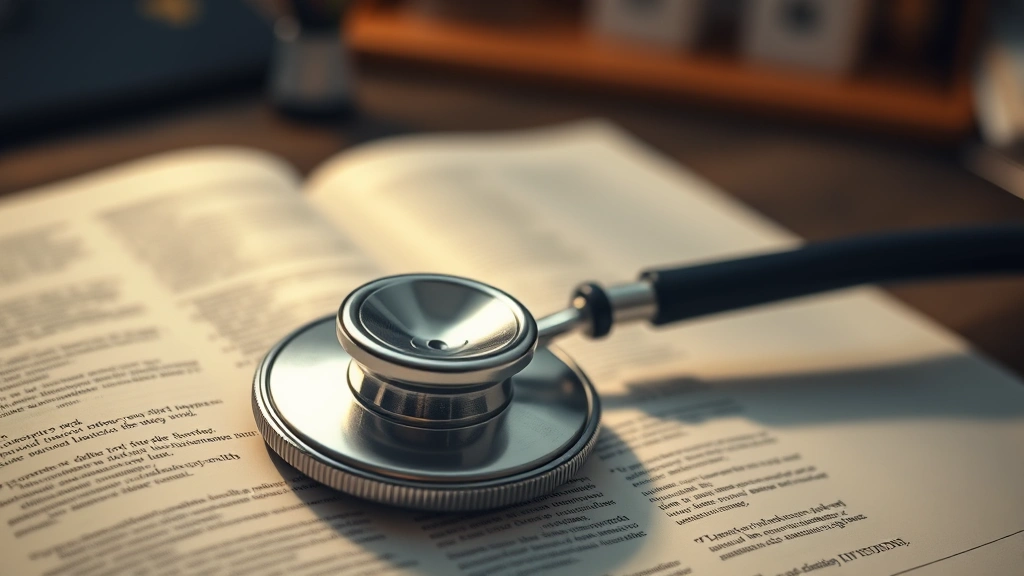 Stethoscope resting on medical dictionary open to pneumoconiosis entry, warm office lighting, focused depth of field on text
