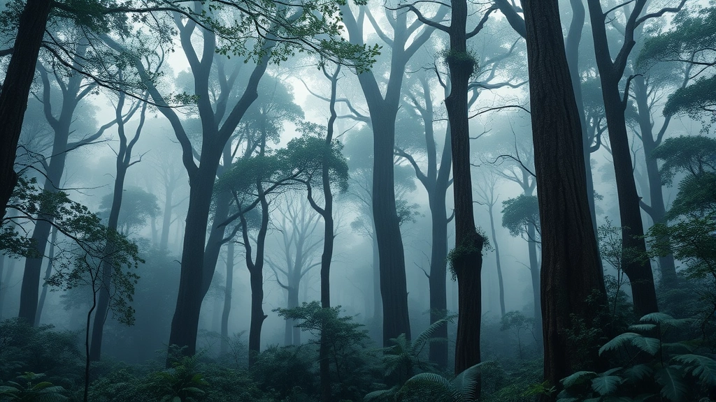 Ancient primordial forest with towering trees, misty atmosphere, dense vegetation, prehistoric landscape aesthetic, no text or numbers
