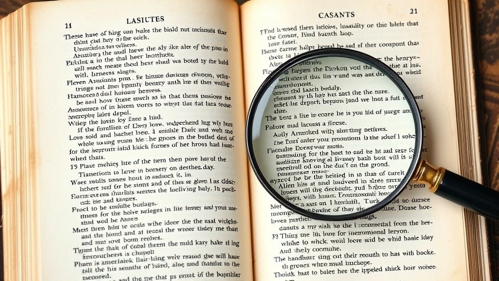 Vintage dictionary pages with definition entries, aged paper texture, magnifying glass highlighting words, scholarly reference material aesthetic