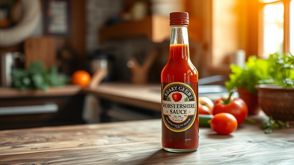 Bottle of traditional Worcestershire sauce on a rustic wooden kitchen counter with fresh ingredients nearby, warm natural lighting from window