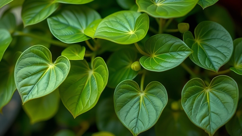 Close-up of healthy pothos vine with heart-shaped leaves and visible nodes, natural green foliage, soft natural lighting, shallow depth of field