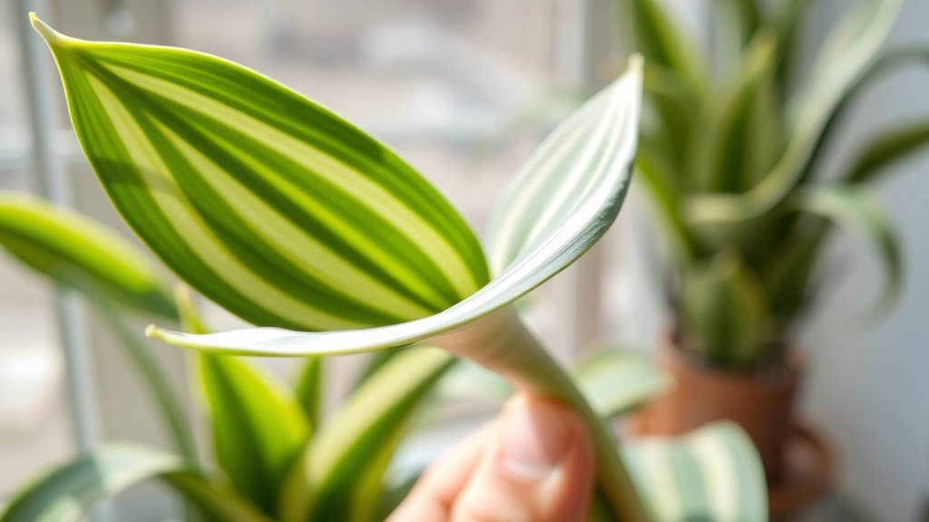 Close-up of a mature snake plant leaf with clear green and white striping, held in someone's hand against a bright window backdrop, ready for cutting