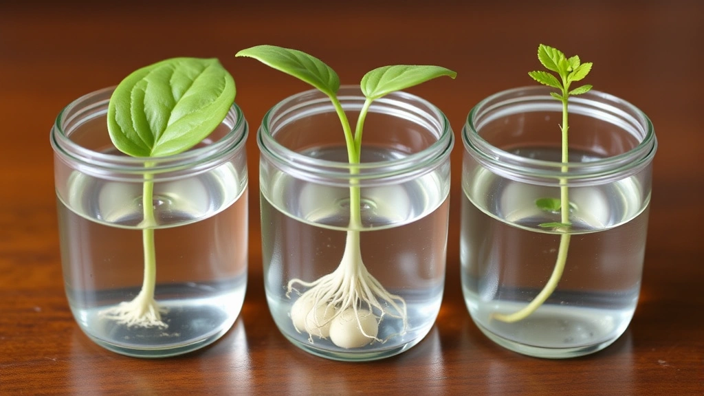 Three small glass jars containing water propagation cuttings at different stages: one with just cut leaf, one with emerging white roots, one with small green shoots developing