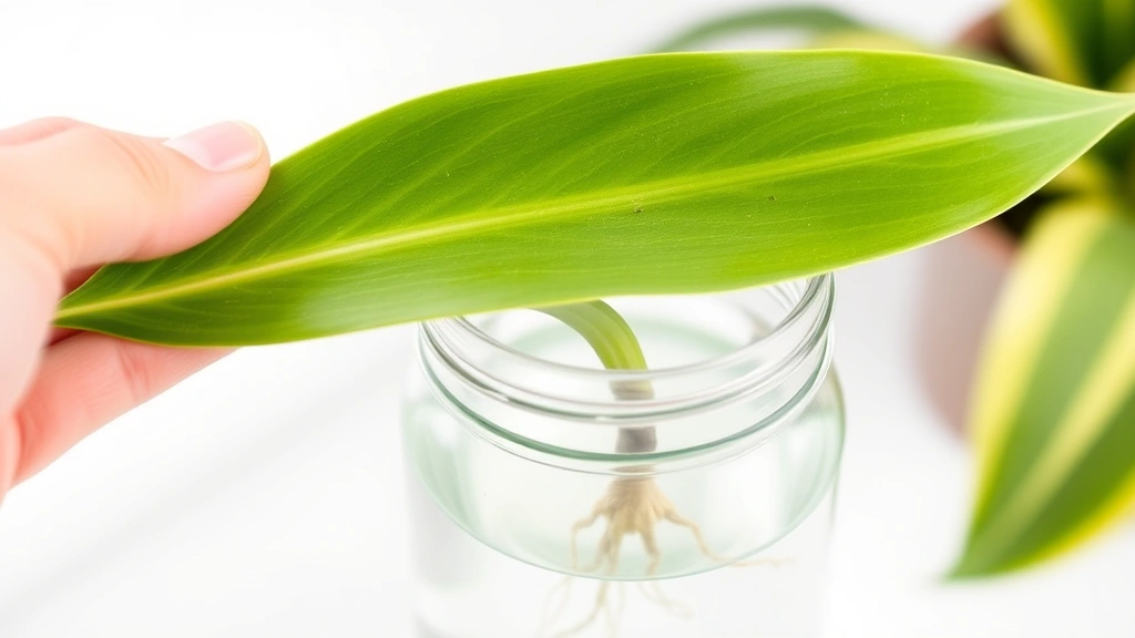 Hand holding freshly cut snake plant leaf segment with clean cut end visible, positioned above clear glass jar filled with water showing early root development