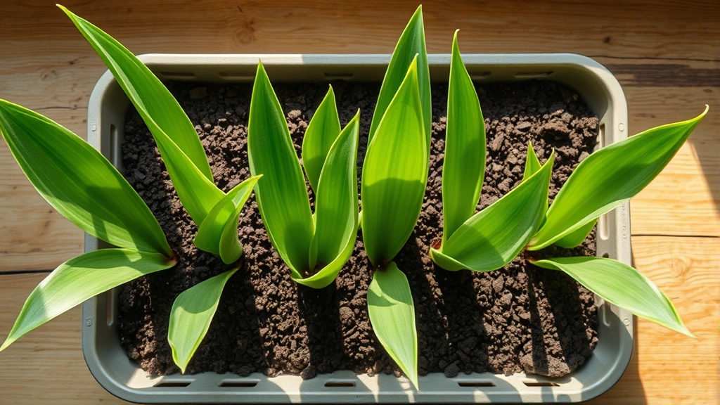 Overhead view of a shallow propagation tray filled with well-draining soil mix containing multiple snake plant leaf cuttings standing upright, with bright natural light illuminating them